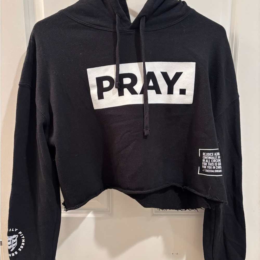 Black Cropped Hoodie with 'PRAY' Graphic
